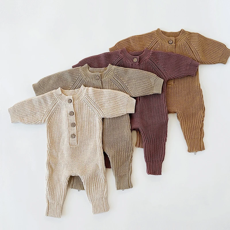 100% Organic cotton knit baby romper custom new born knitted baby jumpsuit chunky baby sweater sleepsuit infant sleepwear