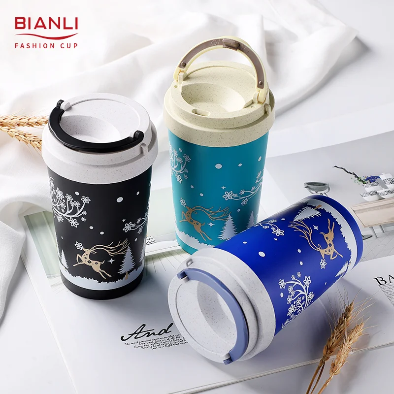 Sublimation Custom Wheat Straw Material Reusable Double Walled Nordic Christmas Mug Coffee Cup High Quality 380ml Black Mugs