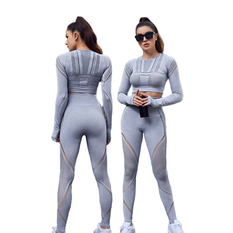 
2 Sets Women Fitness Sports Suits Sportswear Long Sleeve Crop Top Running Leggings Workout Pants Grey Seamless Yoga Sets 