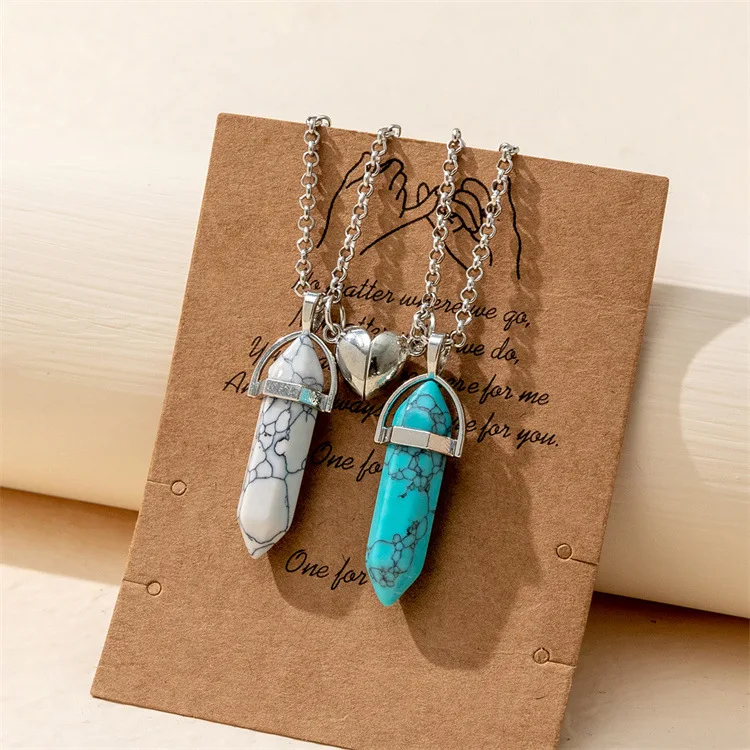2 Pcs/set Bullet Shape Colorful Natural Crystal Choker For Couples Magnetic Buckle Matching Love Heart Pendants Necklaces