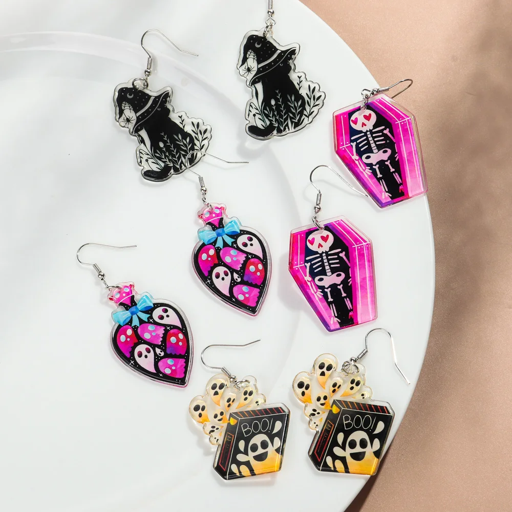 Wholesale Double Sided Print Resin Earring Scary Tombstone Halloween Ghost Skeleton Witch Castle Acrylic Fishhook Earrings Women