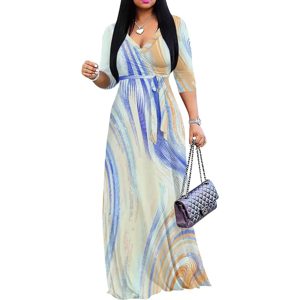 Tie Dye Sundress Casual V Neck 3/4 Sleeve Flowy Party Evening Grown Plus Size Maxi Dress for Women Trendy Chic Curvy Long Dress