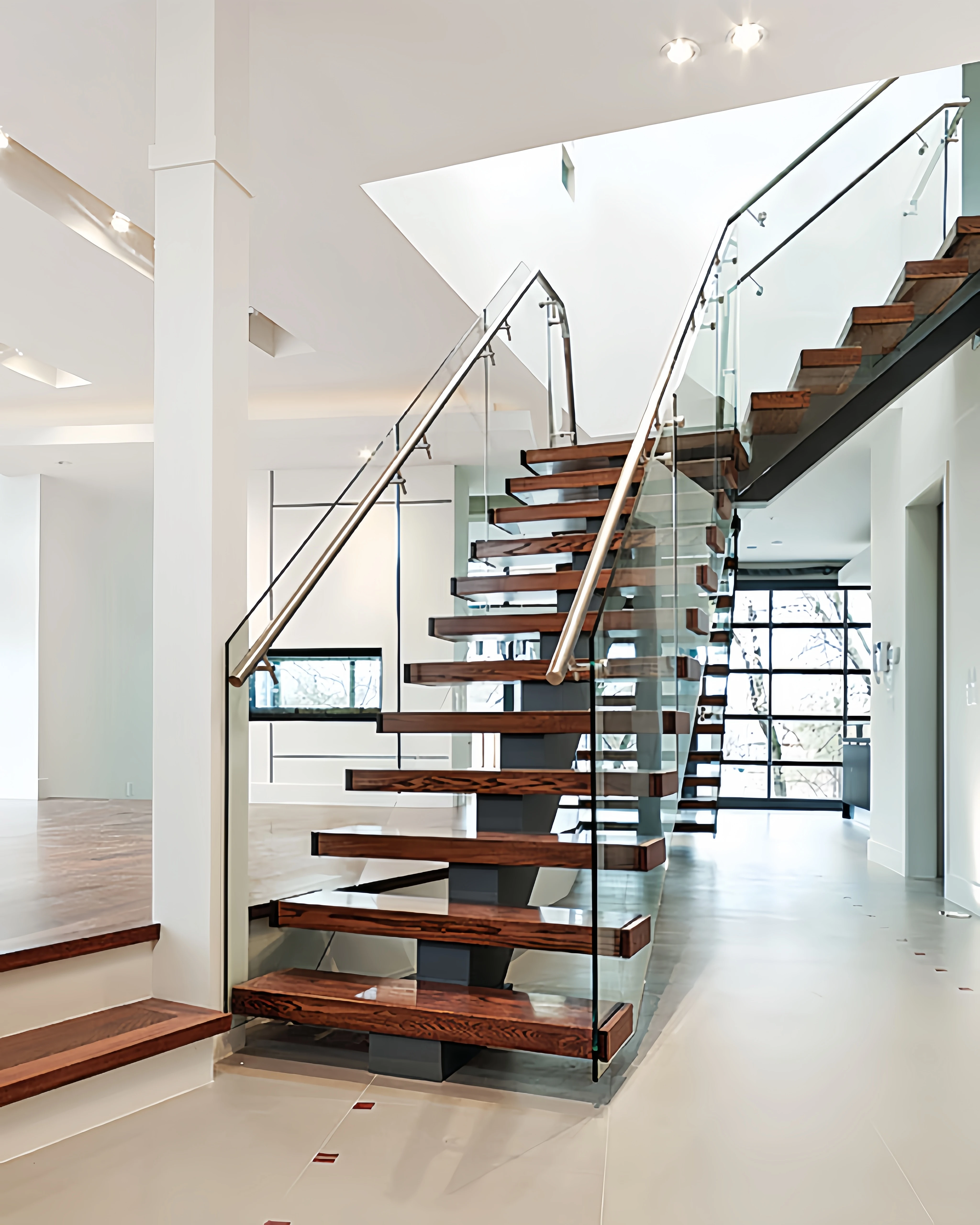 Tanlong modern glass staircase interior design wooden stairs treads indoor step stair