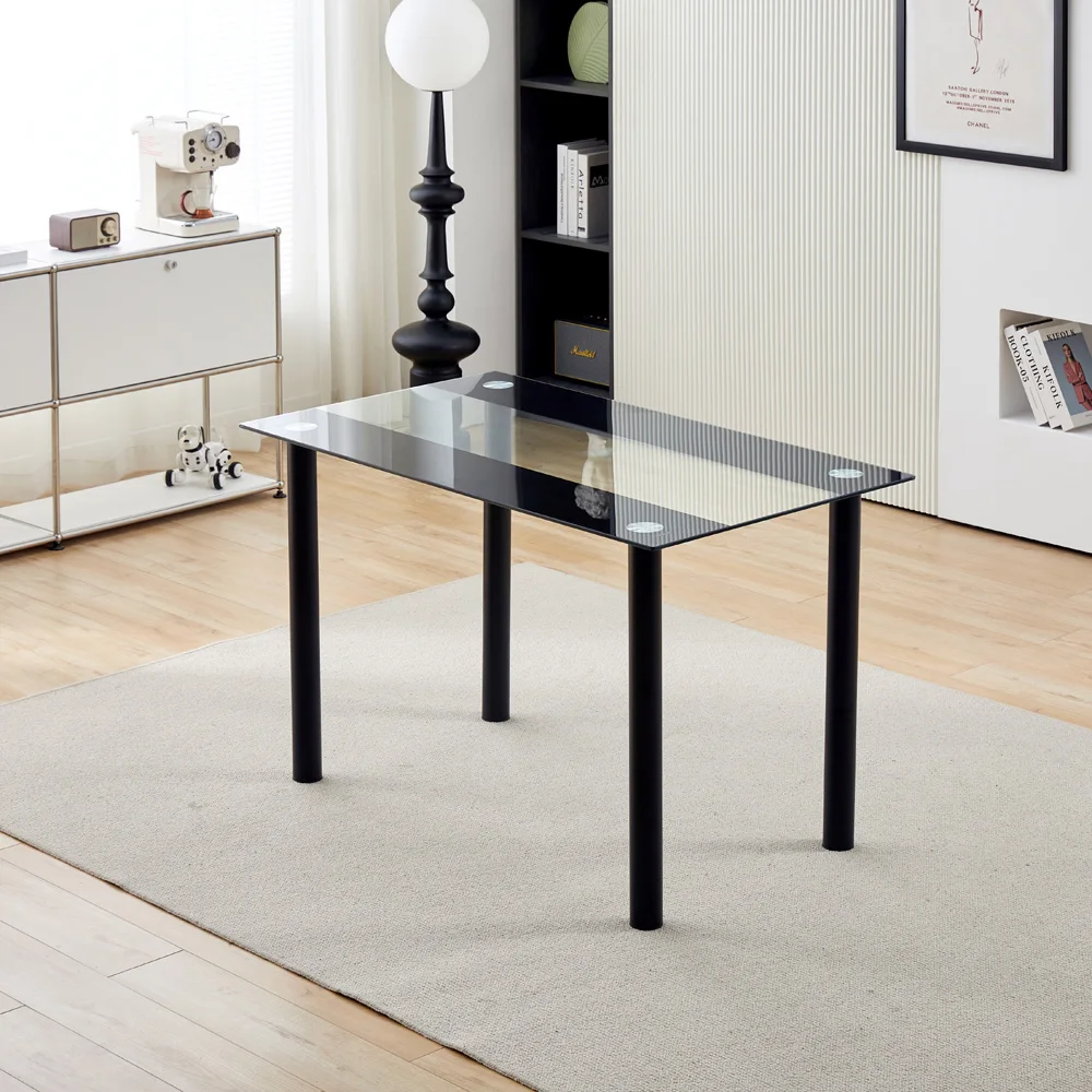 Modern Tempered Glass Black Dining Table Simple Rectangular Metal Table Legs Living Room Kitchen Table For 4 or 6 chairs