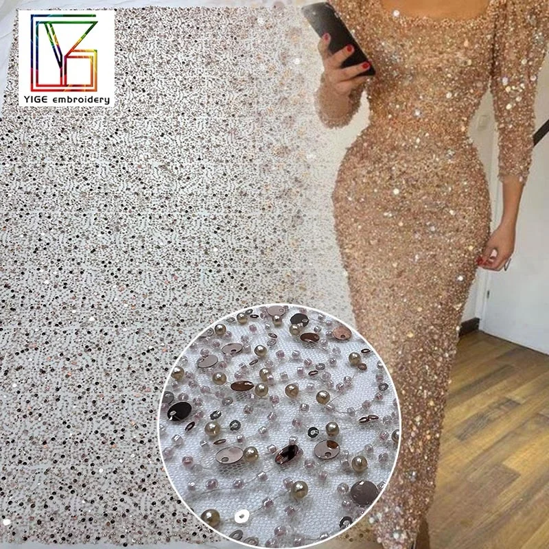 HOT SALE fashionable rose gold crystal sequins beaded 3D Embroidery lace fabric bridal french lace for party dress