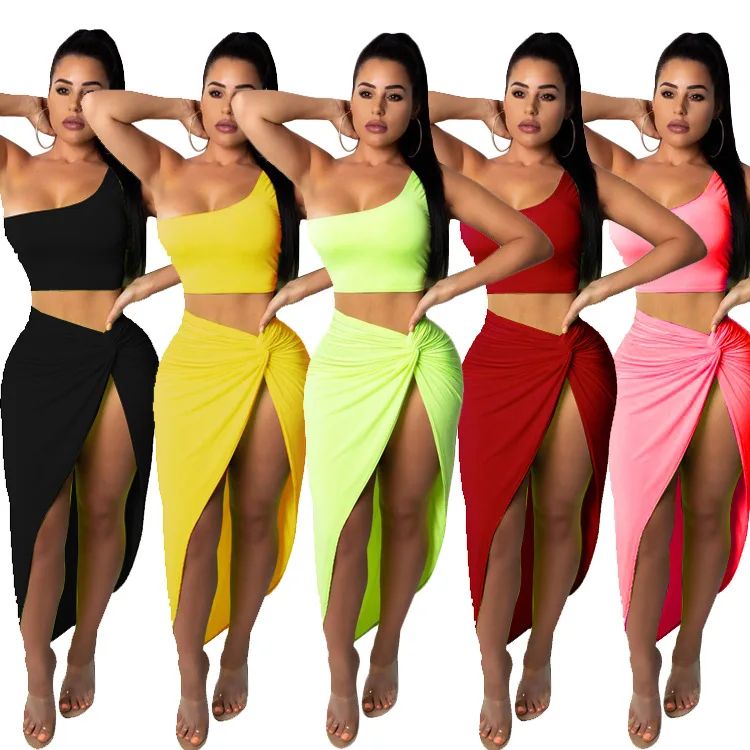 New Arrival Crop Top Pleated Split Maxi Skirts Sexy 2 Piece Outfits Clothing Fashion Suits For Custom Logo Women Summer Skirt Se