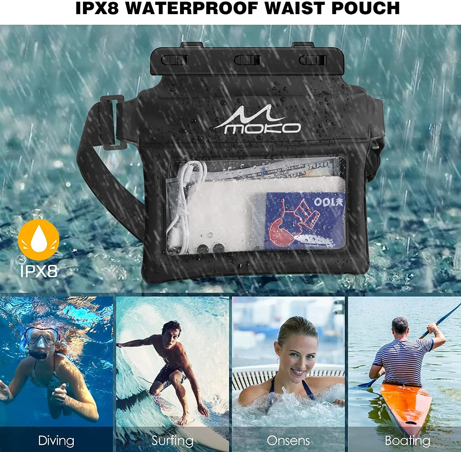 MoKo Waterproof Swimming Kayaking Snorkeling Compatible smartphones 6.9 inch Phone Pouch Fanny Pack Floating Dry phone Bag