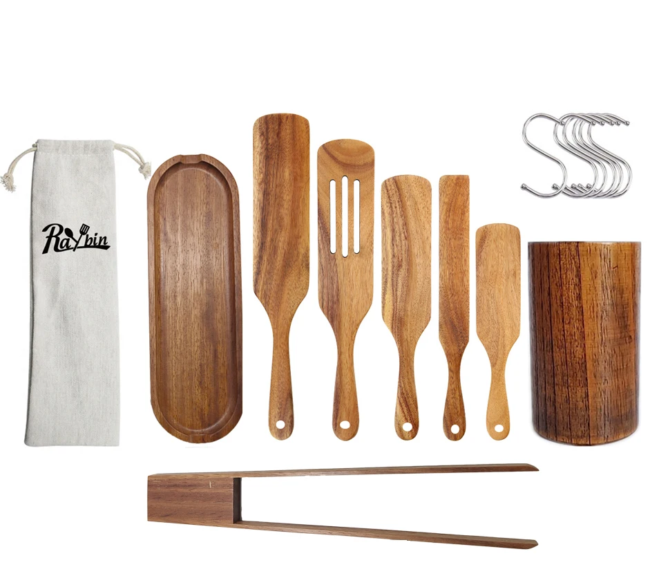 Custom stocked wood wooden spurtles set teak wood spurtle kitchen utensils for cooking