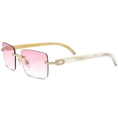 Vintage Rhinestone Natural Buffalo Horn Rimless Sunglasses Men Wood Square Sun Glasses Women for Outdoor Shades Oculos Eyewear