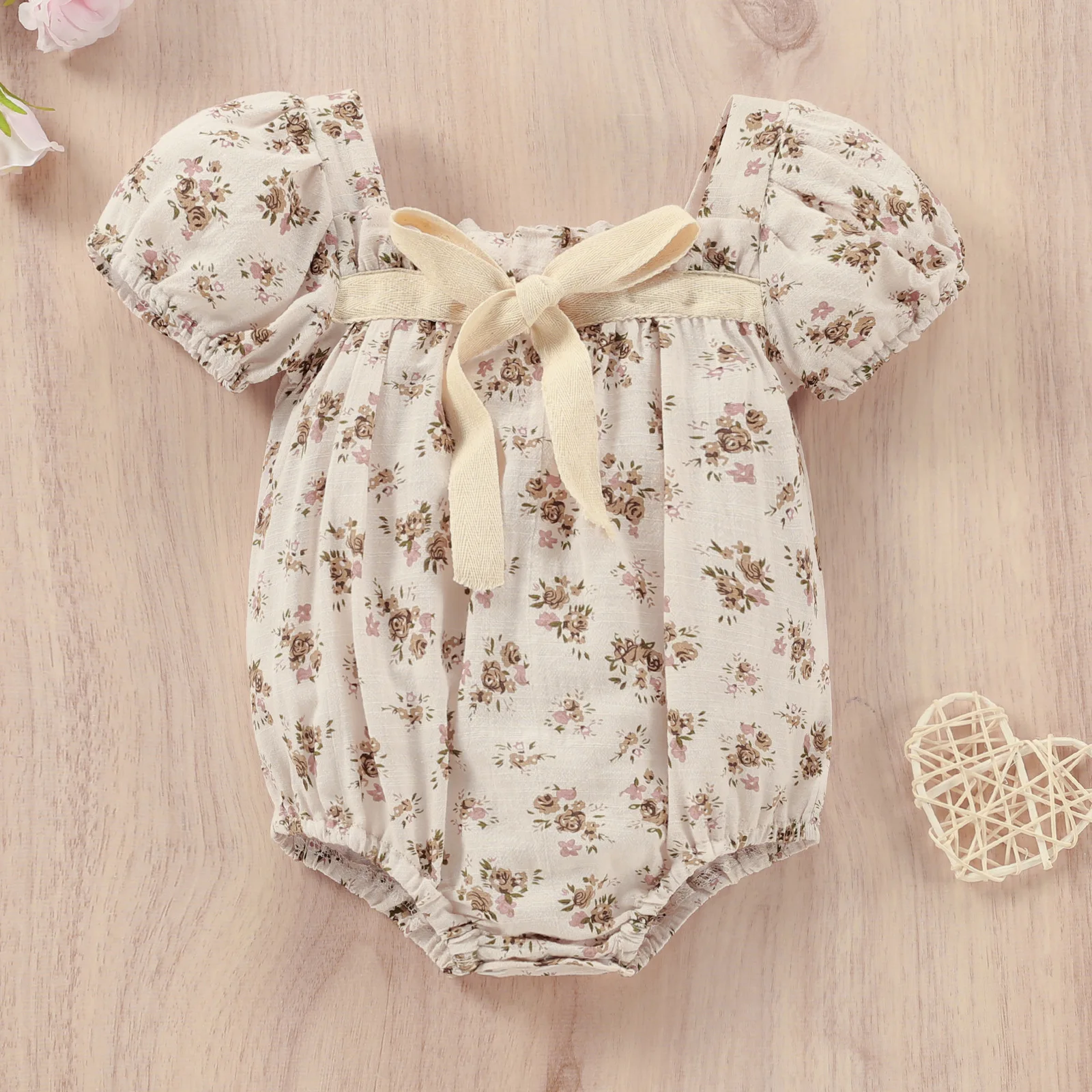 2023 Summer Baby Clothes Floral Girls Bodysuit Cute Square-neck Adjustable Bow Girls Clothes Dress Kids Floral Romper Baby