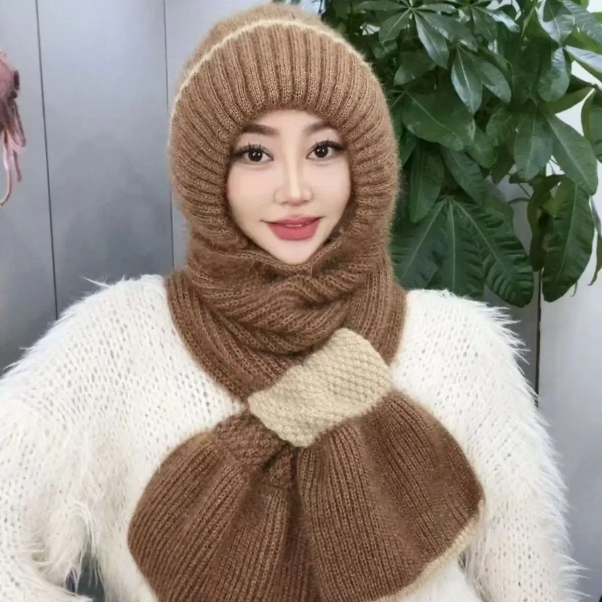 New Fashion Streetwear Neckerchief Plush Beanie Winter Warm Thicken Knitted Beanies Hat With Scarf