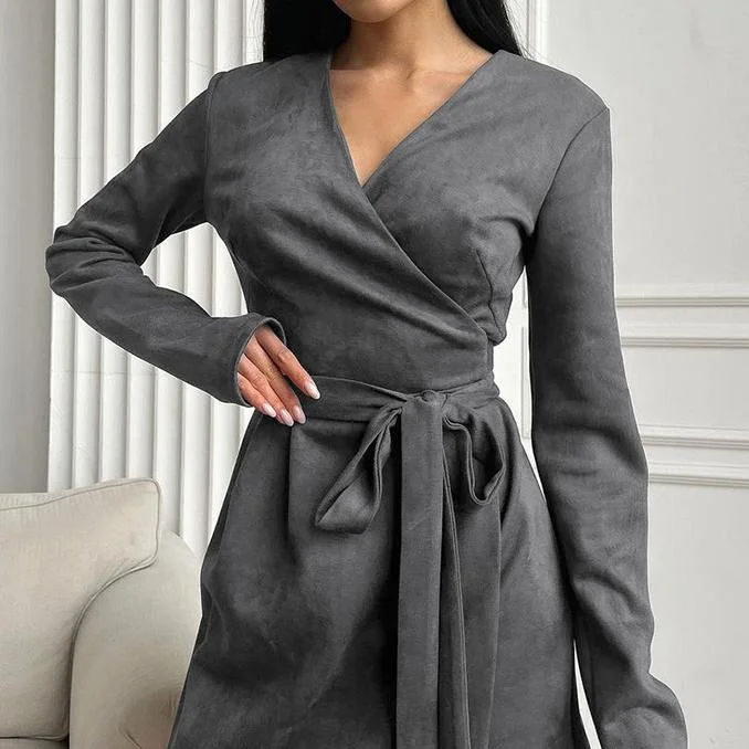 Micro Suede Sexy  Party Dresses Graduation Evening Ladies Front Short Back Long Women Commute Shearling Tie-up V-neck Mini Dress