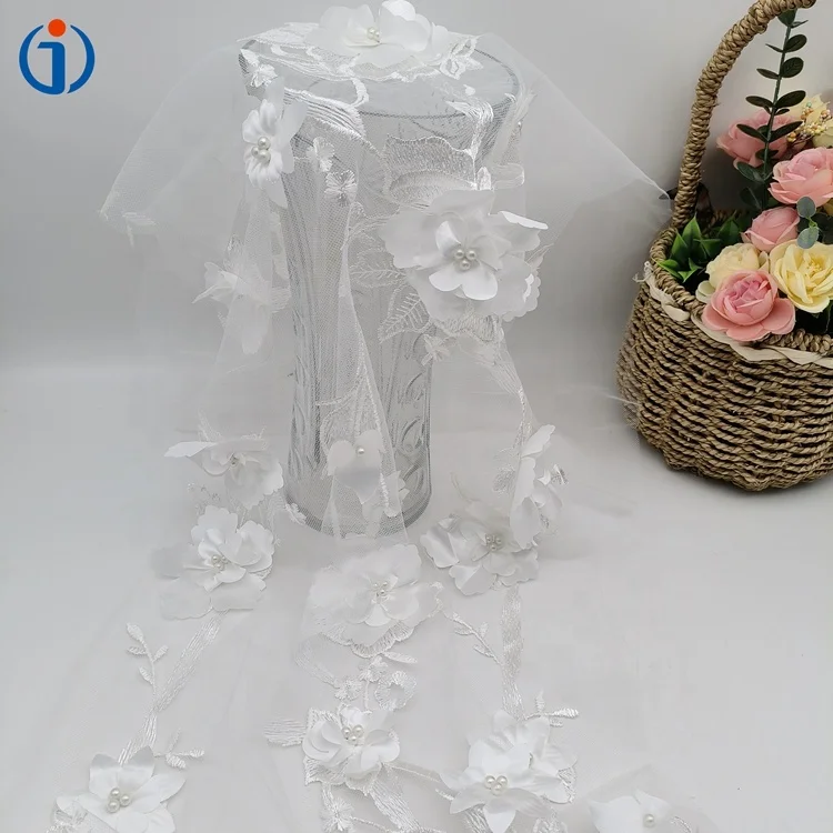 Luxury Polyester Textile White Pearl Hand Beaded Tulle Mesh 3D Flower Embroidered Fabric for Ladies Dress