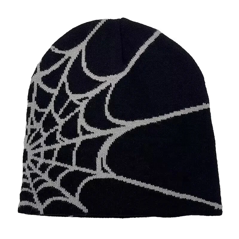 Spider Web Pattern Beanie Gothic Acrylic Knitted Hat Casual Streetwear Outdoor Beanies for Men