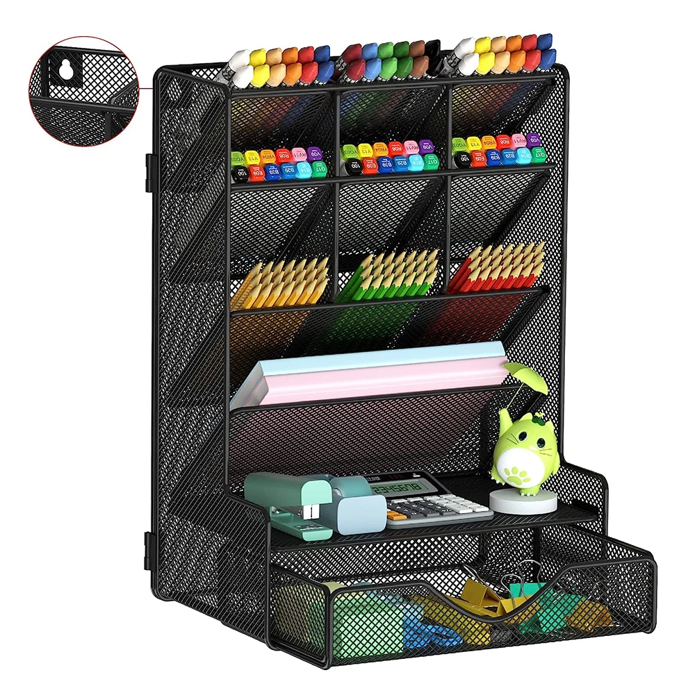 Черный органайзер для ручек многофункциональный металлический сетчатый настенный держатель с выдвижным ящиком