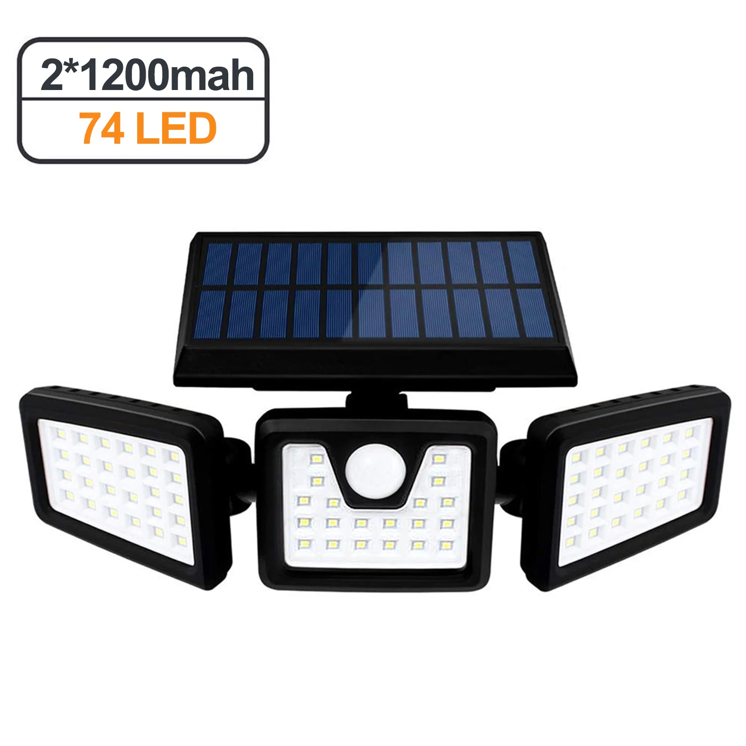 Outdoor IP65 Waterproof 3 Head Motion Sensor Solar Security Lights 360 degree Rotatable 74LED Spotlights for Garden