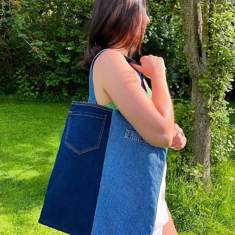 Eco-friendly Big Supermarket Handbags Reusable Grocery Daily Casual Denim Jeans Shopping Bag