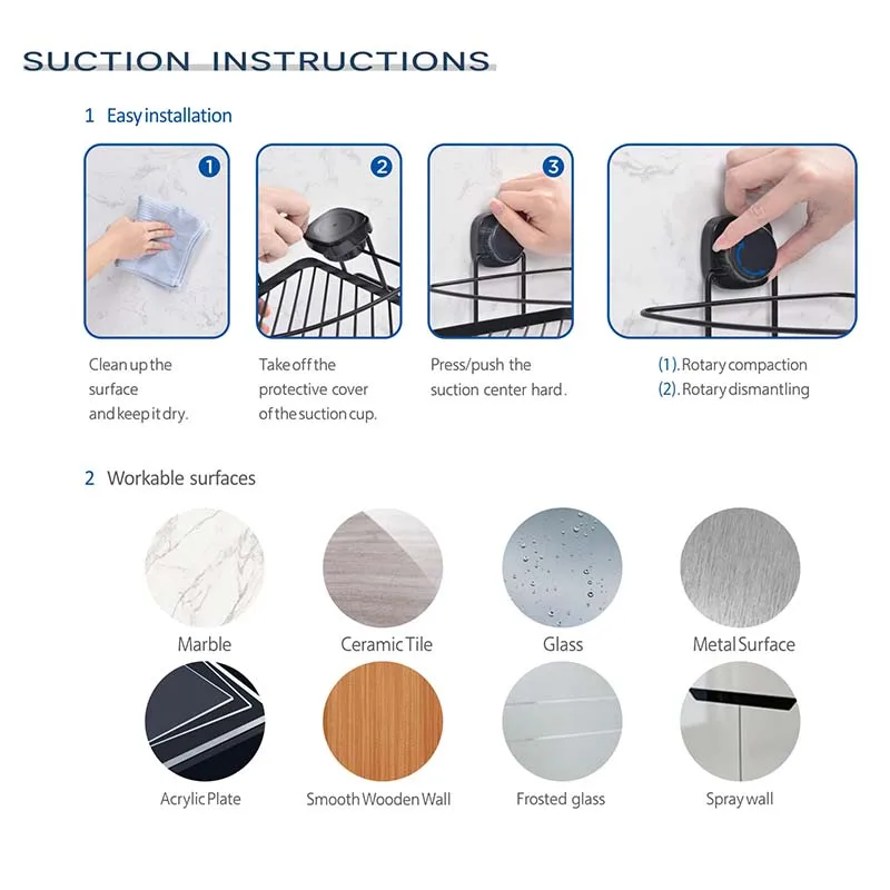 WIREKING Suction Stable Metal Corner Shower Caddy Hanging Soap Dish Bearing 10kg Bathroom Storage Shelf Towel Holder