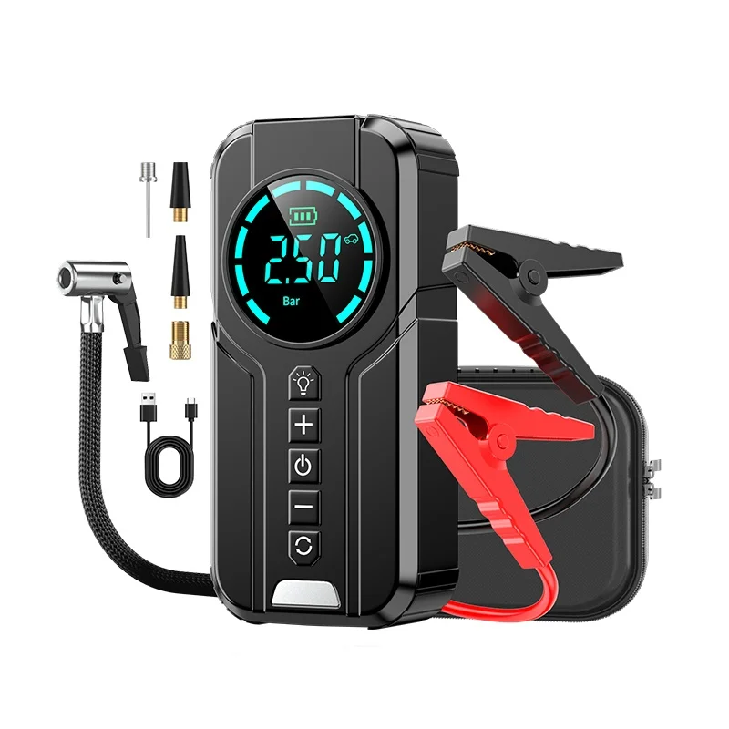 8000mAh 12V Jump Starter Power Bank Air Compressor Smart Clip 19mm Cylinder Portable Jump Starter With Air Compressor