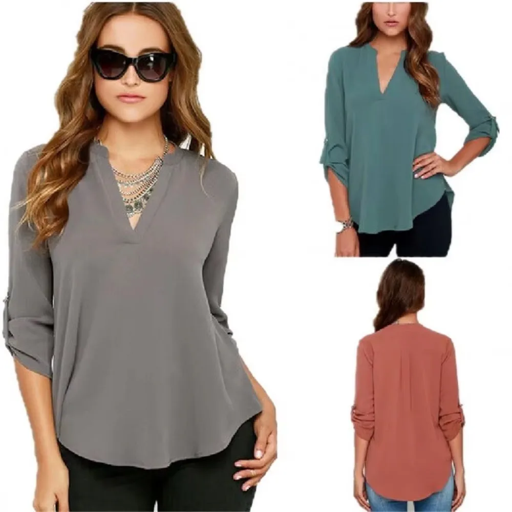 Female Clothes Ladies Short Sleeve Chiffon Tops Shirt Sexy V Neck Solid Women Blouses Casual Tee Shirt Tops