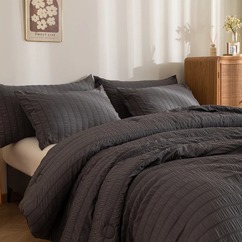 New Arrival Dark Gray Fluffy Comforter  3PCS  Winter King Thick Quilt Bed Cover Set