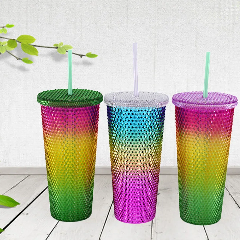 HOT sale Double wall Round frame Star Glow Rivet plastic straws studded tumbler star buckes  cup custom logo