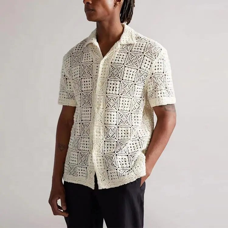 Custom Logo Summer Knitted Top Knitwear Cotton Cardigan Button Up Fashion Short Sleeves men Crochet shirt