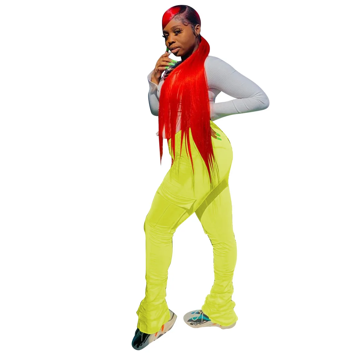 2022 New Arrivals Drawstring Solid Color Pocket Flare Legging Women Sweat Pants with Ruched Sides Tight Stacked Pants