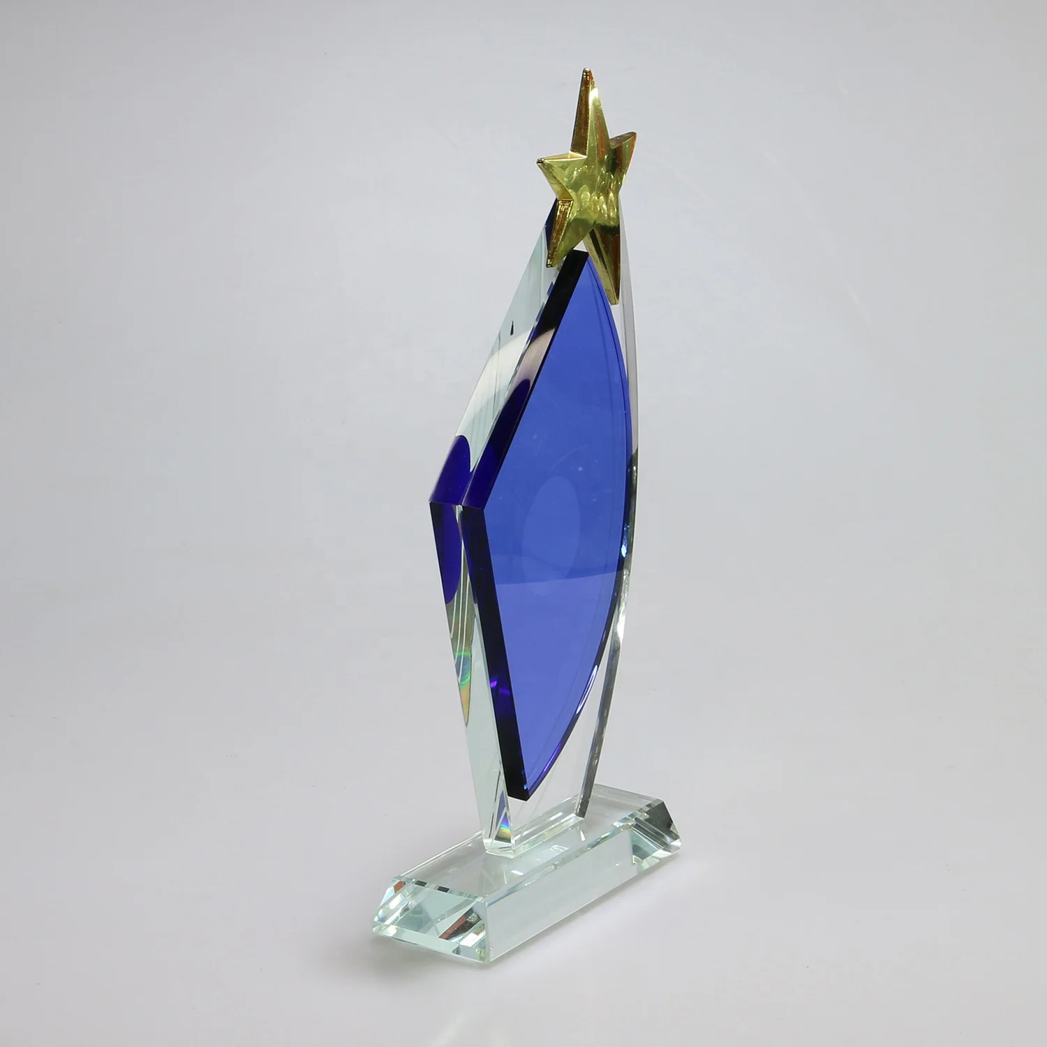 Custom Blue Sailboat Crystal Glass Trophy,Prizes Glass K9 Crystal Award Metal Star Trophies Deco Ornaments Gift with DIY Logo