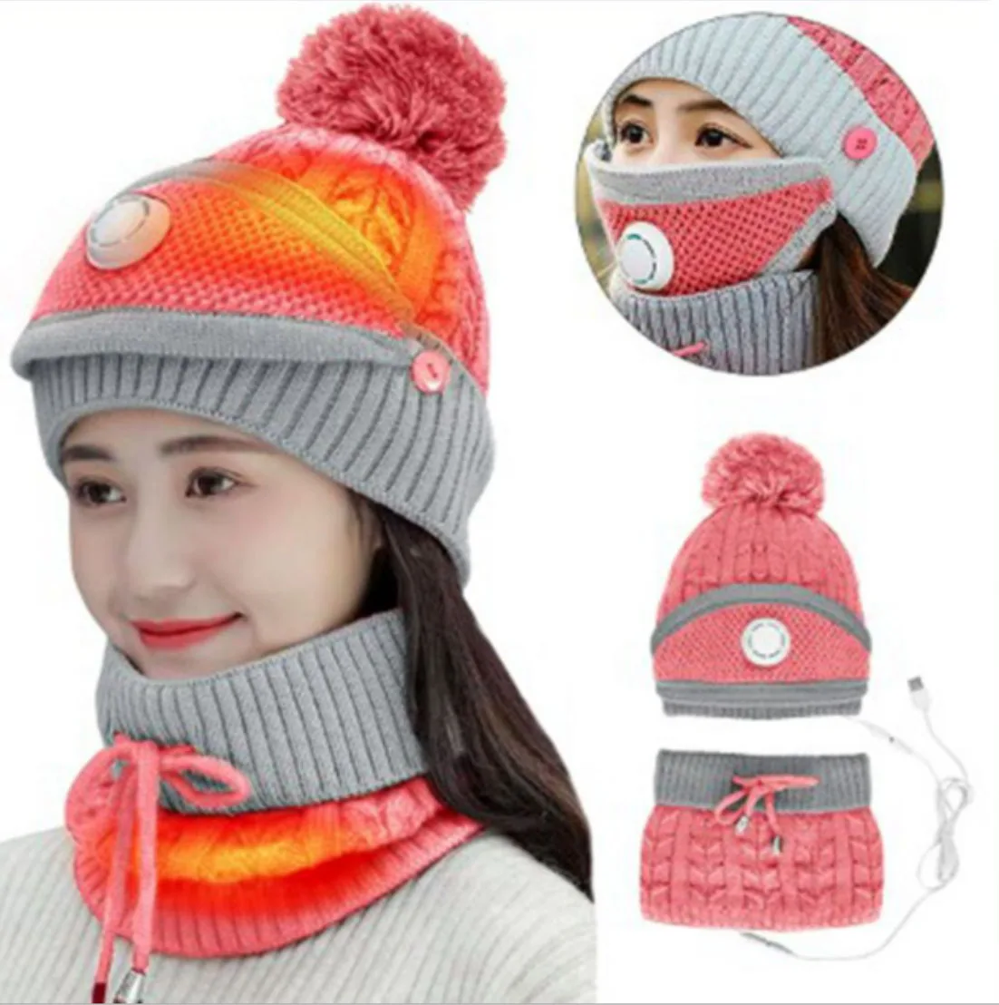 
Winter warm colourful Heated Hat Rechargeable Battery Heat hat for Women Mask, scarf and hat three-piece suit 