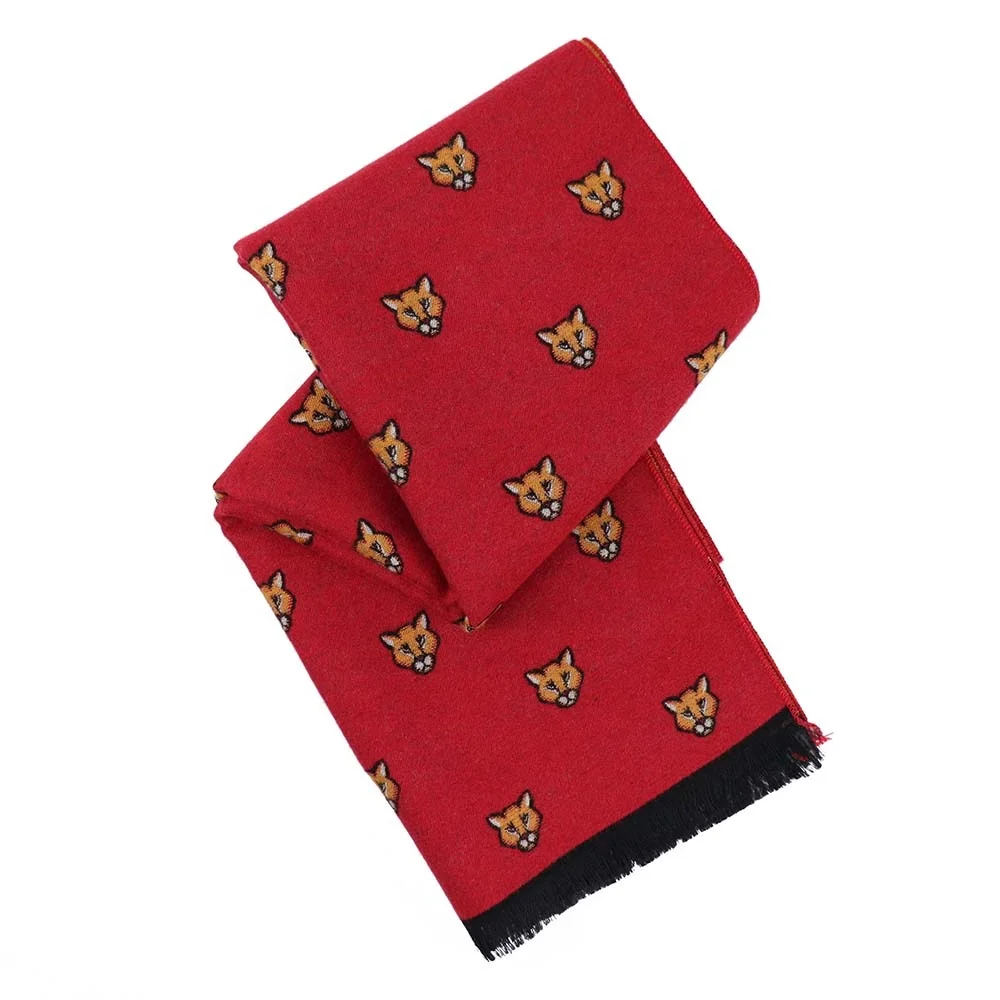 XINLI Custom Woven Orange Red Double Side Tassel Brushed Viscose Polyester Men Scarves Fox Animal Pattern Supplier Scarf