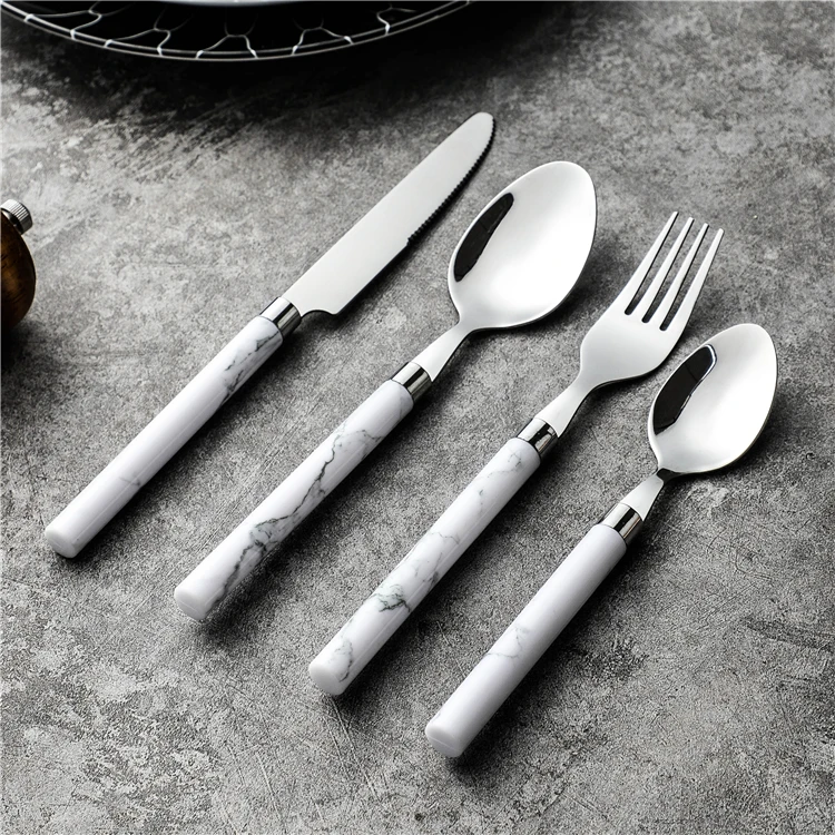 Hot sale restaurant hotel used 4 pcs stainless steel dinner fork spoon knife marble design plastic handle cutlery set