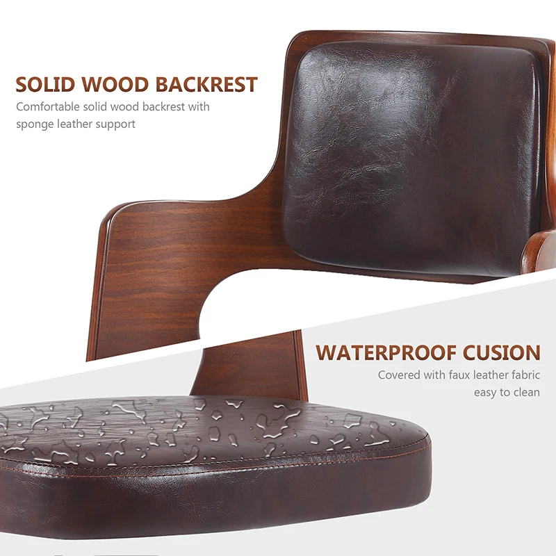 Modern Brown Swivel Bar Chairs with Leather Seat Wood Back High Stools Lift Fabric Natural Texture Footrest for Kitchen Home Bar