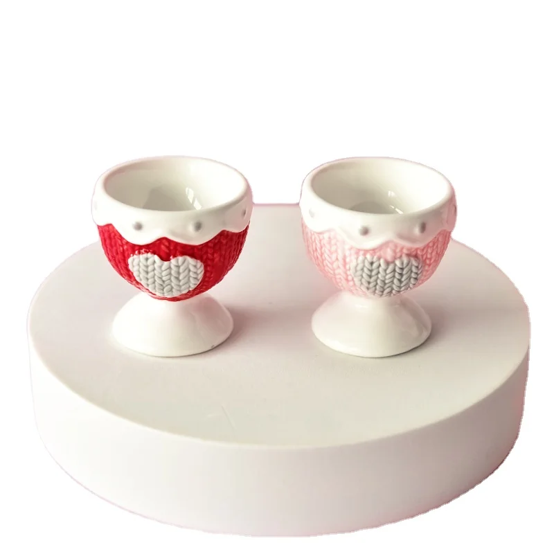 Cute Warm Crochet Handmade Egg Holders with A Pink Gray   Heart Lace Decoration Perfect Gift