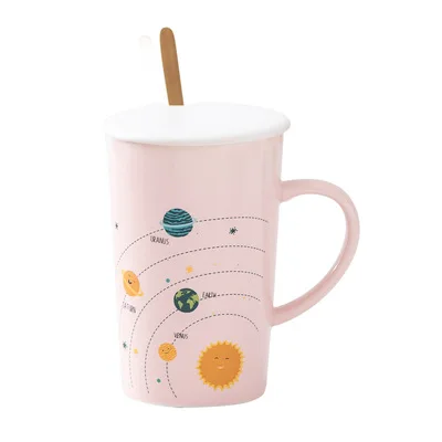 Ceramic  Planet Cup With Lid Spoon Set  Creative Couple Children Breakfast Milk Cup