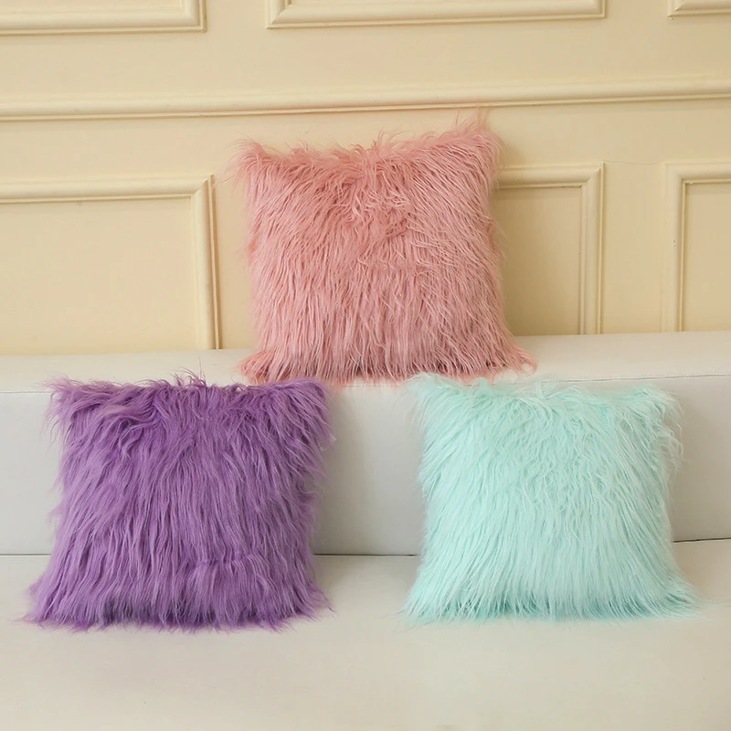 Amity Home Decorative Sofa Long Faux Fur Throw Pillow Cover Solid Color Soft Mongolian Fur Pillow Cushion Cases
