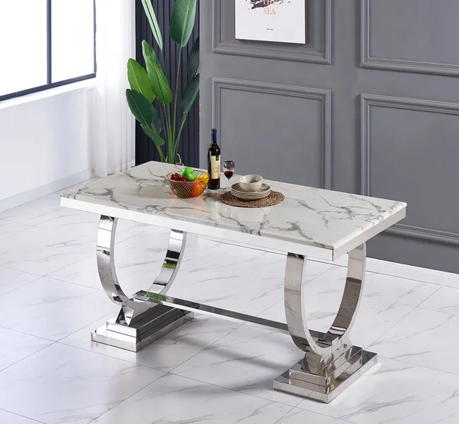 Luxury white marble dining table hot selling Furniture Dining Room Table Stainless Steel Base Dining Table