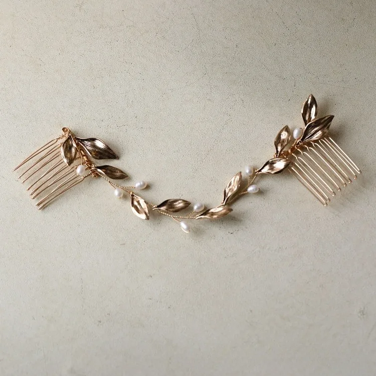 Original design antique style metal leaves freshwater pearl hair comb hair pin bridal headdress wedding accessories