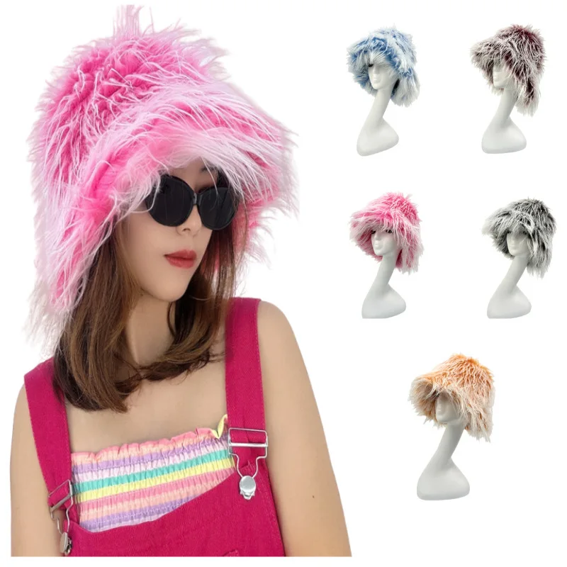 J&H 2023 trendy fuzzy buckets hats ladies y2k furry winter hats women fashion warm feather hats tops