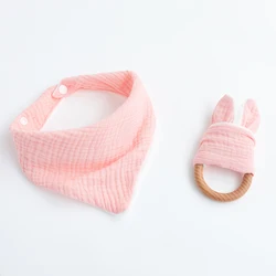Toddler Triangle Scarf Feeding Bibs Soft Gauze Towel Rabbit Ear Teether70mm Safe Organic Wooden Ring set