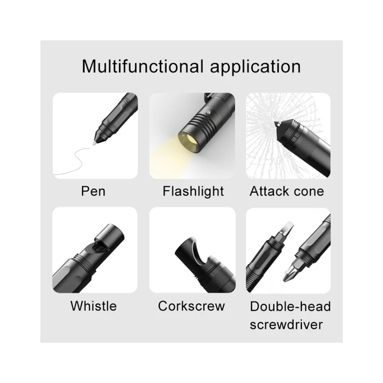 Best selling multifunctional self-defense pen flashlight whistle broken showcase cone