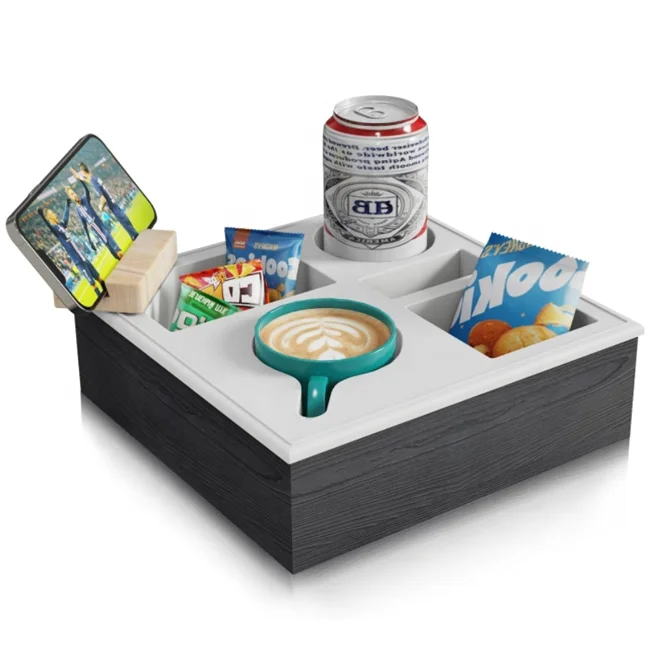 Wooden Couch Cup Holder Tray Handy Soft Silicone Acacia Wooden Couch Caddy for Bed Car Seat Beach Organizer