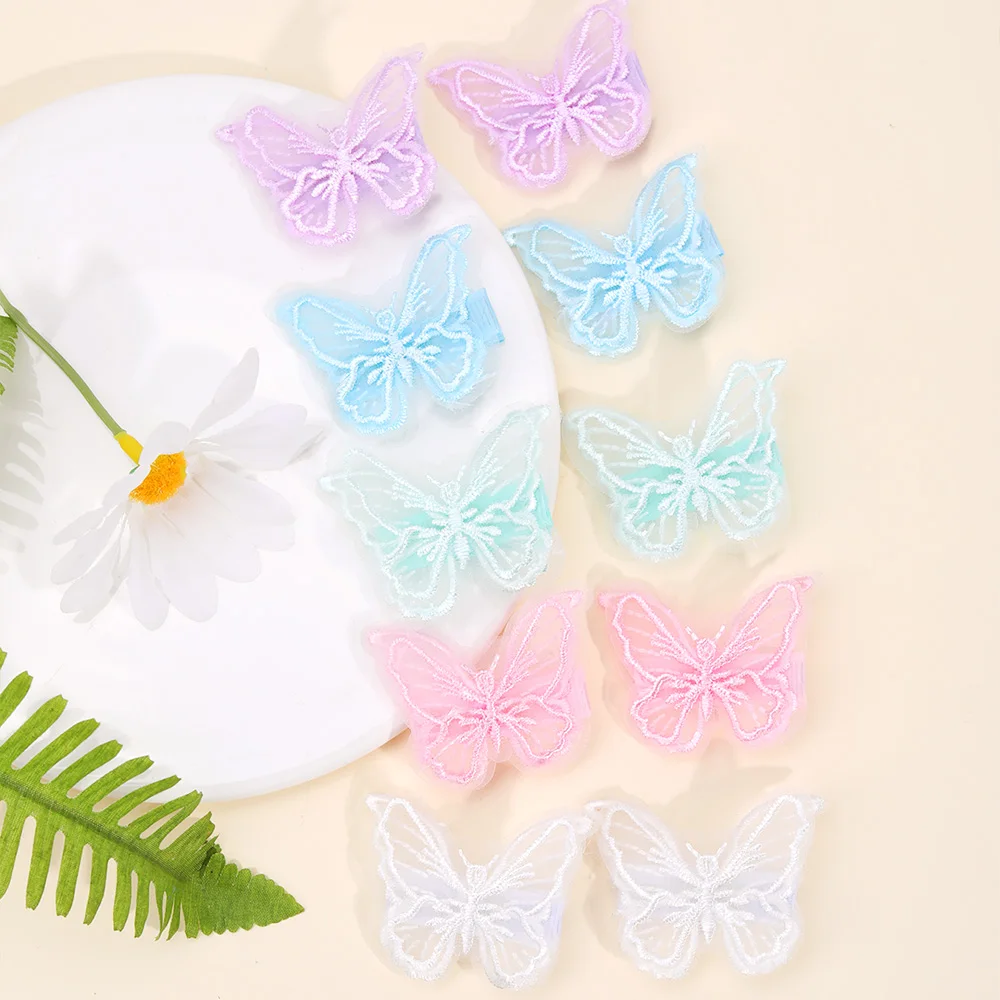 CN 10Pcs Candy Color Mesh Butterfly Hair Bow Clip Embroidered Butterfly Flower Hair Clip Girls