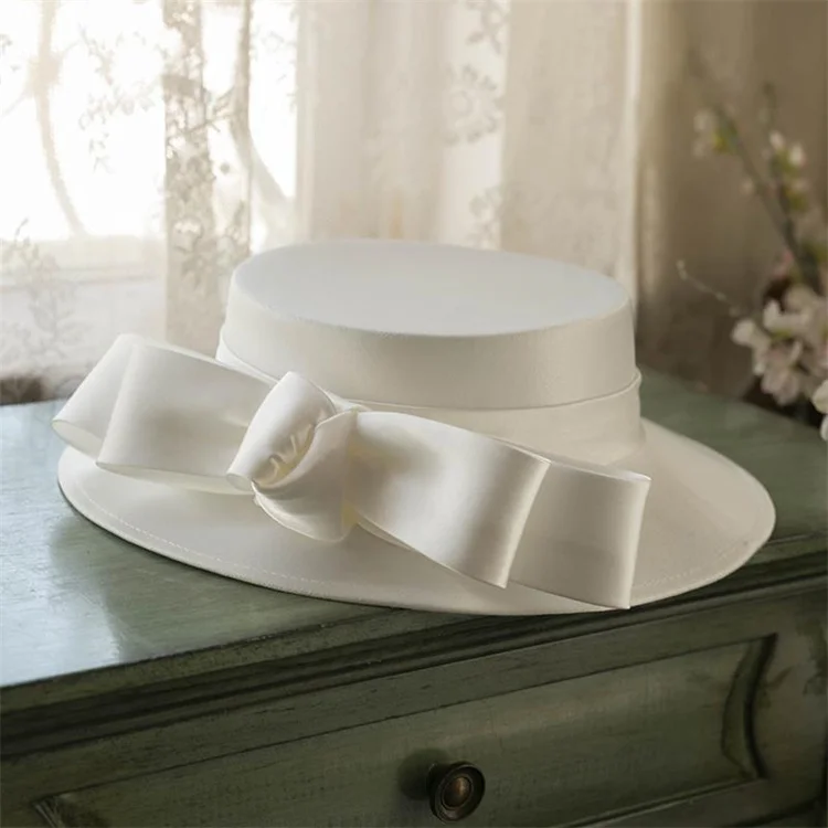 HEFT BOOOGE Classic White Big Bow Design Flat Bowler Hat Satin Wedding Bridal Hats