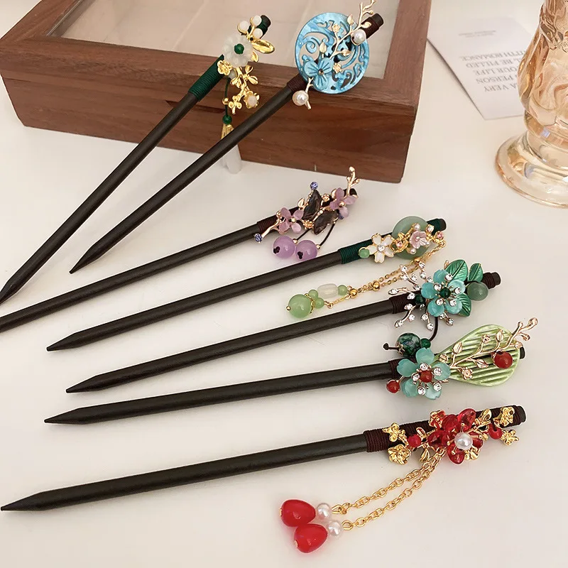 Jiamu New Chinese Style Hair Stick Elegant Flower Butterfly Tasseling Wood Hair Stick For Women Girls Minority Hair Accessories