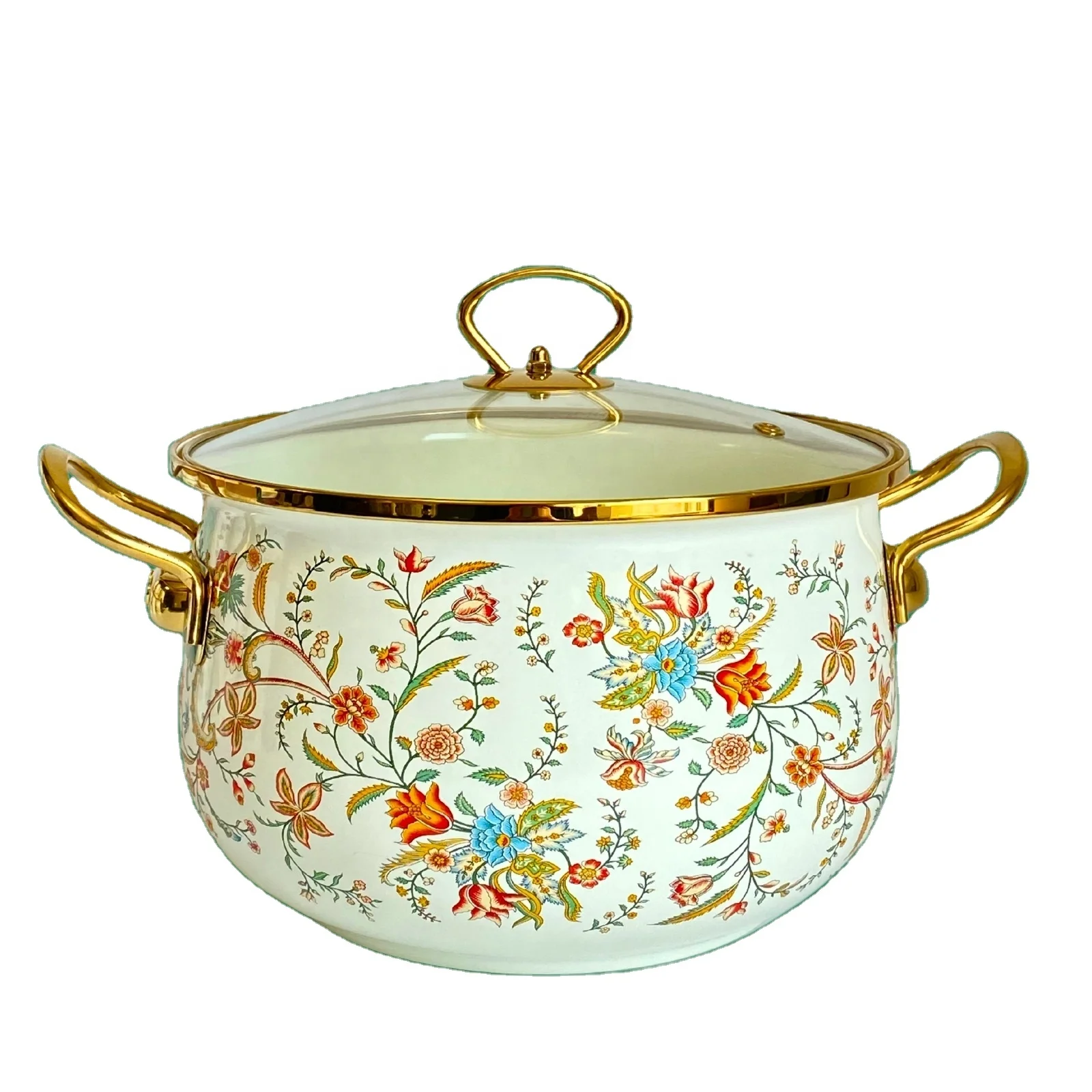 20/22/24/26/28cm enamel kitchenware casserole glass cover gold handle Fu pot style high quality deep soup pot seafood pot