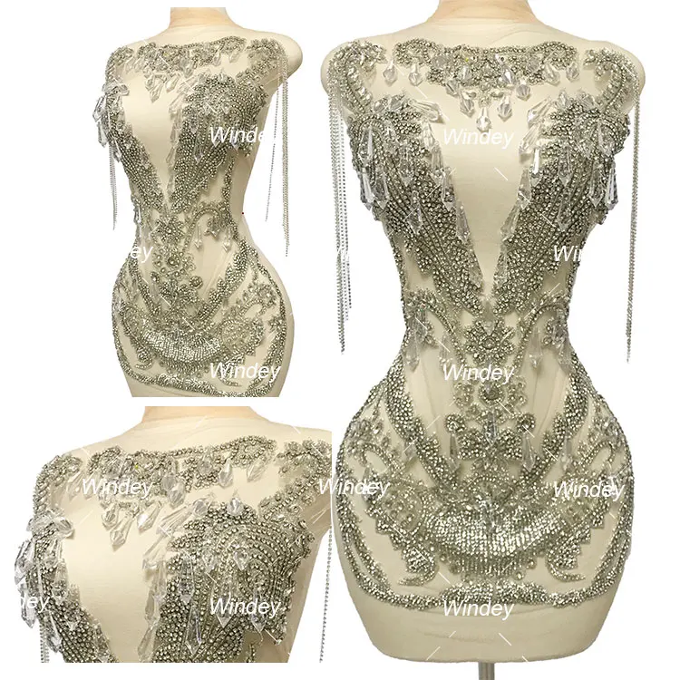 Новое поступление ручная работа изящная отделка из бисера и бахромы вышитая бисером Желтое золото со стразами аппликация лифа с подвесками