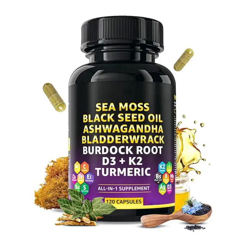 Fast shipping Hot Selling Sea Moss Black Seed Oil Ashwagandha Bladderwrack Burdock Root D3+K2 Turmeric Sea Moss Capsules