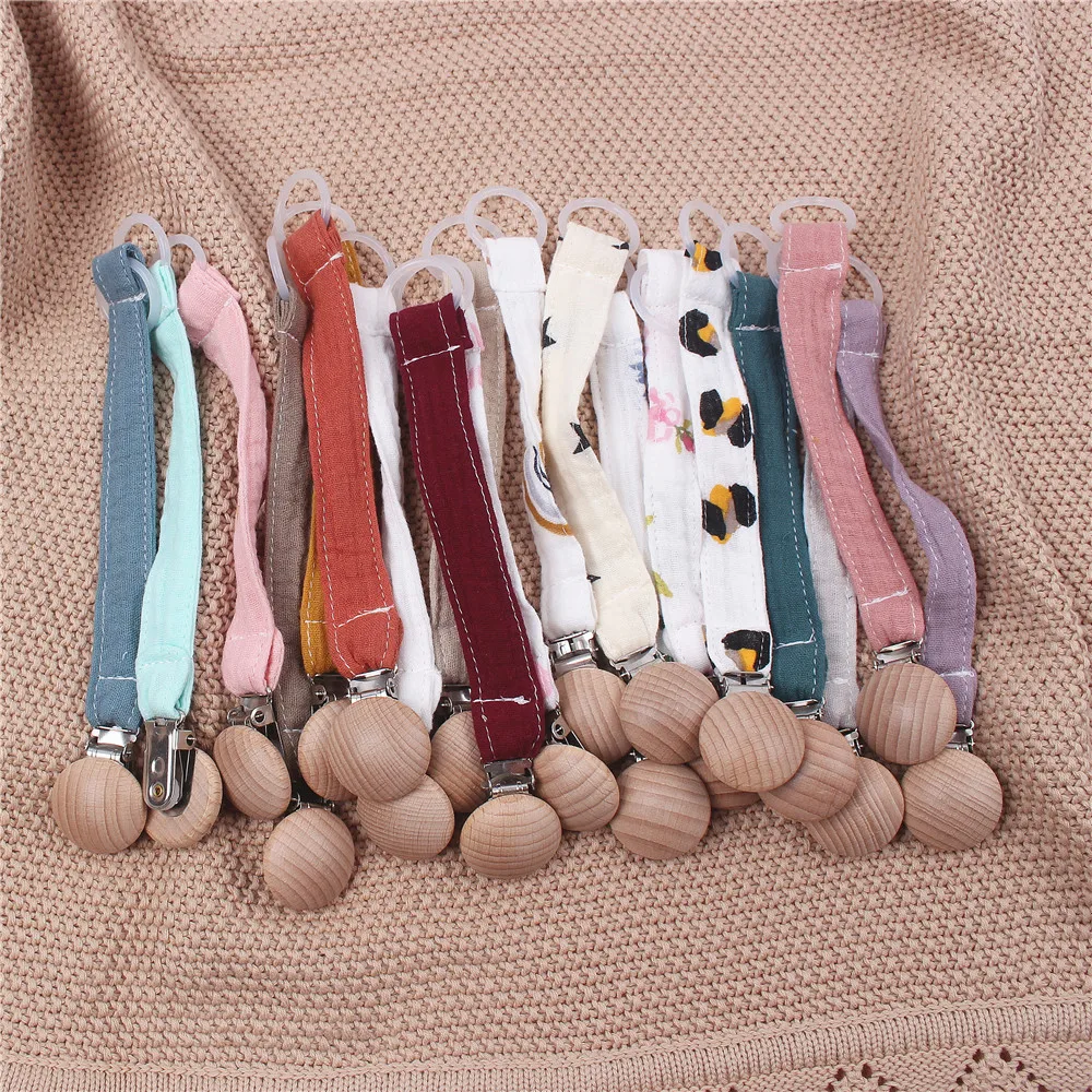 New Design Baby Wooden Feeding Metal Clip 100% Cotton Ribbon Baby Fabric Pacifier Chain dummy chain