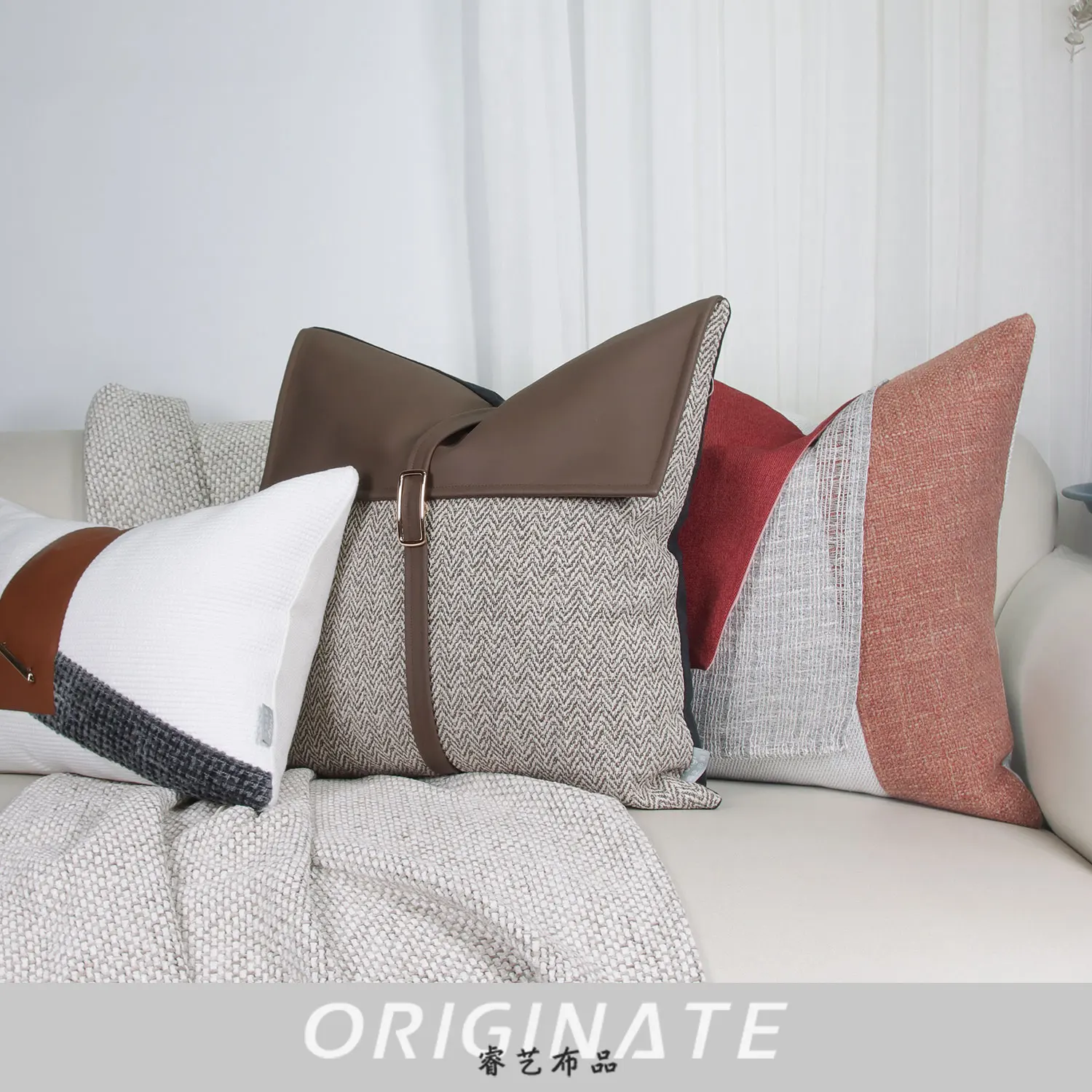 Pillow Cover Home Decoration Cushion Cover Customization New Chinese Color Matching Cotton and Linen Style Red and White Orange